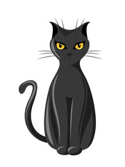  Black sitting cat. Vector illustration.