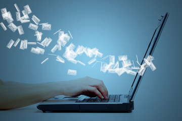 Fototapete - Hands with laptop computer keyboard.