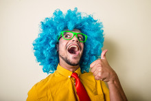 Crazy Funny Young Man With Blue Wig