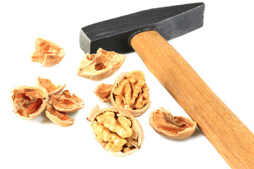 Wall Mural - Broken walnut with hammer isolated on white