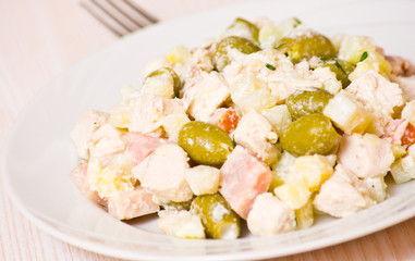 salad with chicken, ham, potatoes and olives