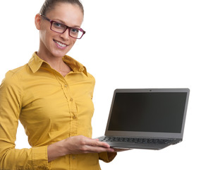 Wall Mural - businesswoman showing a laptop with blank screen