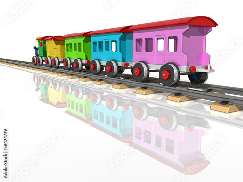 Obraz w ramie Toy train with multicolored carriages. 3d render