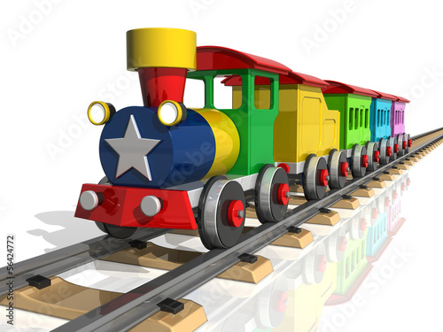 Obraz w ramie Toy train with multicolored carriages. 3d render