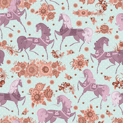 Wall Mural - seamless texture with horses in flowers