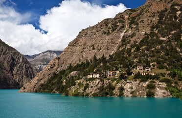 Wall Mural - Shey Phoksundo Lake and Bon monastery in Dolpo, Nepal