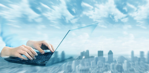 Aufkleber - Hands with laptop computer keyboard.