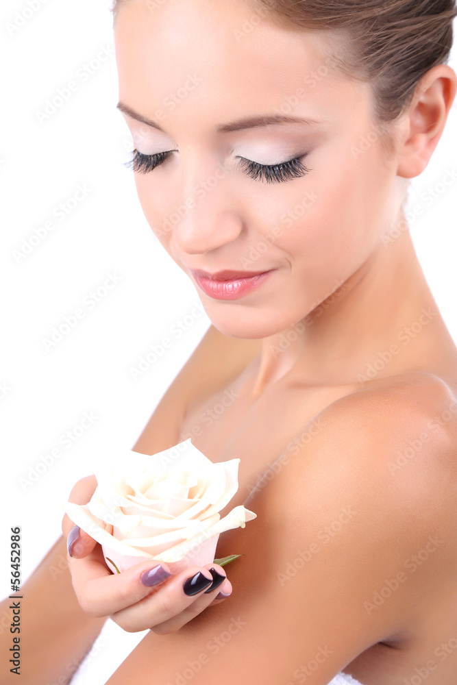 Beautiful girl with rose close-up isolated on white