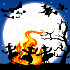 Poster - witches dancing around fire at halloween