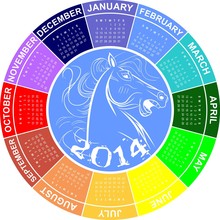 Round Calendar For 2014. Year Blue Horse