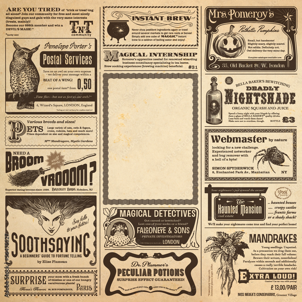 wizarding newspaper page with classifieds as a Halloween card - obrazy, fototapety, plakaty 