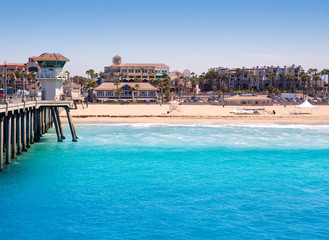 Wall Mural - Huntington beach Surf City USA pier with lifeguard tower