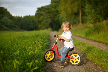 Wall Mural - Little toddler boy learning to ride on his first bike