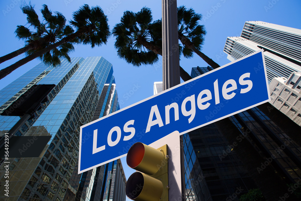 LA Los Angeles sign in redlight photo mount on downtown - obrazy, fototapety, plakaty 