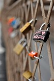 Fototapeta Tęcza - Love padlocks tied to a fence