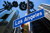 Fototapeta  - LA Los Angeles sign in redlight photo mount on downtown