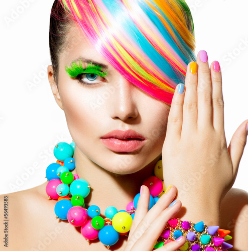 Nowoczesny obraz na płótnie Beauty Girl Portrait with Colorful Makeup, Hair and Accessories