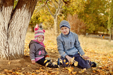 Wall Mural - brother and sister playing leaves in park