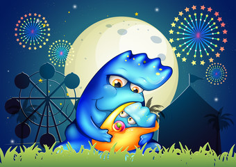 Poster - A mother monster pacifying her child near the carnival