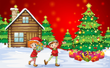 Wall Mural - Two playful dwarves near the christmas trees