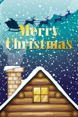 Wall Mural - A christmas card with a wooden rooftop and a sleigh with reindee