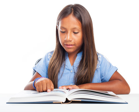 girl reading a book on a white background