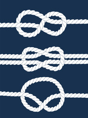 Wall Mural - White navy rope with nautical knots on dark blue background
