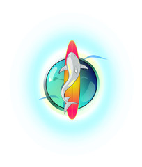 logo with surfboard and fish on abstract colorful background