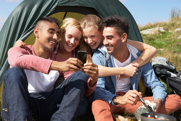 Wall Mural - Group Of Young People Checking Mobile Phone On Camping Trip