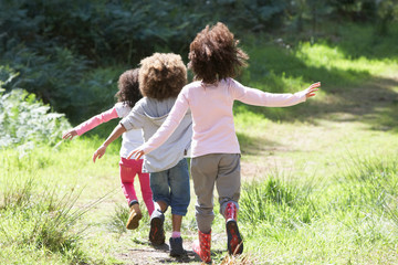 Three Children Playing In Woods Together