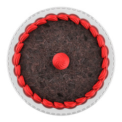 Wall Mural - top view of round chocolate cake with pink cream isolated on whi