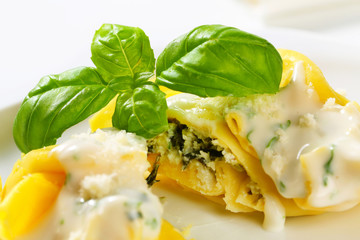 Wall Mural - Ricotta and spinach tortelloni with cream sauce and Parmesan