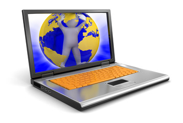 Poster - Laptop and Man in globe (clipping path included)