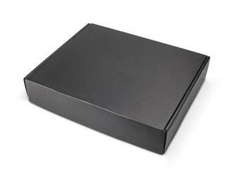 Closed blank black carton box on white with clipping path