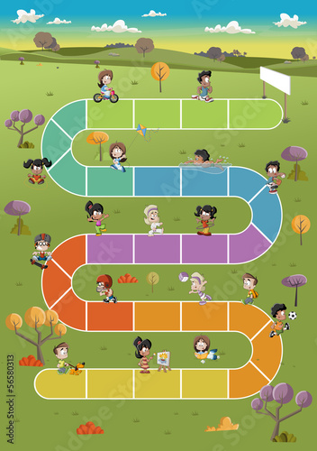 Fototapeta na wymiar Board game with happy cartoon children playing on the park