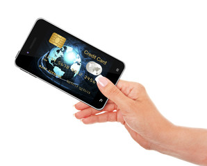 hand holding mobile phone with credit card screen