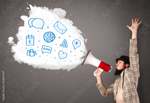 Cuadros en Lienzo Man shouting into loudspeaker and modern blue icons and symbols