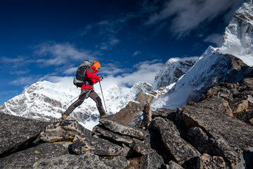 hiker on the trek in himalayas, khumbu valley, nepal