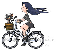 Brunette Girl With A Black Cat On Bike.