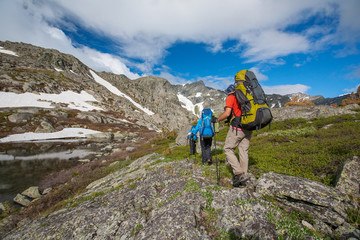 Wall Mural - Hiker in Altai mountains, Russian Federation