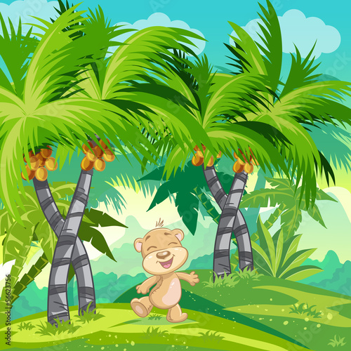 Fototapeta dla dzieci Children's illustration with a happy teddy bear in the jungle.