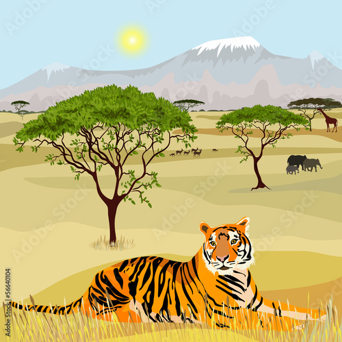 Obraz w ramie African Mountain idealistic landscape with tiger