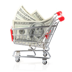 Dollars in Shopping Cart Isolated On White Background