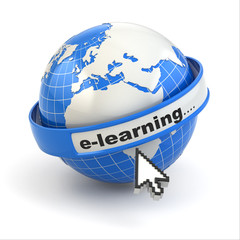Poster - E-learning. Earth and mouse cursor on white background.