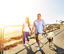 Couple Walking Pet Dog By The Ocean