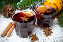 Spicy Mulled Wine In Glasses On The Snow