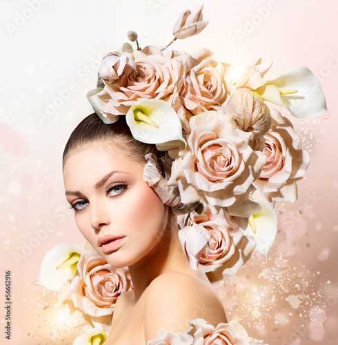 Obraz w ramie Fashion Beauty Model Girl with Flowers Hair. Bride