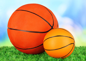 Wall Mural - Basket balls, on green grass, on bright background