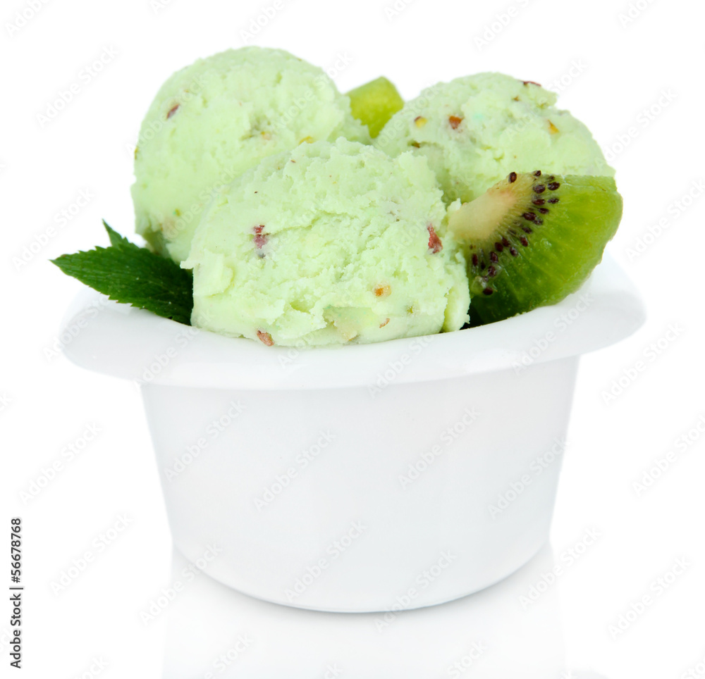 Tasty ice cream scoops in bowl, isolated on white