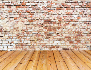  Old brick wall on wood floor